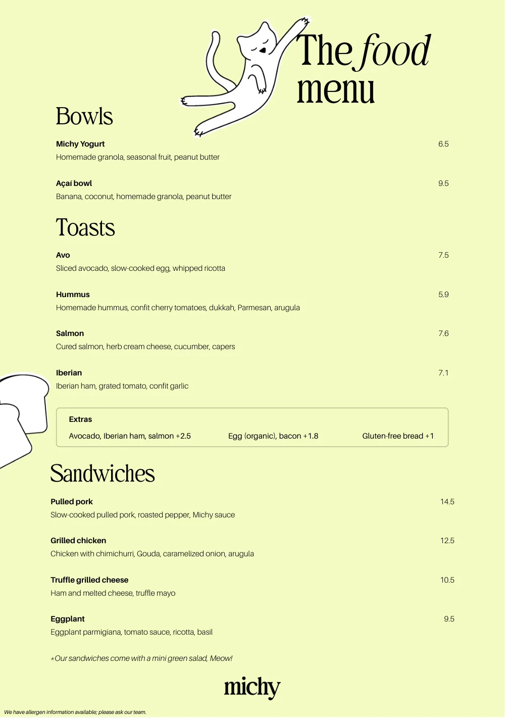 Página de la carta de michy: bowls, tostas y sandwiches