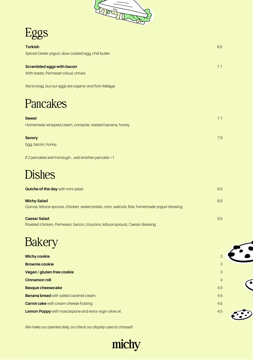 Página de la carta de michy: huevos, pancakes, platos y bakery