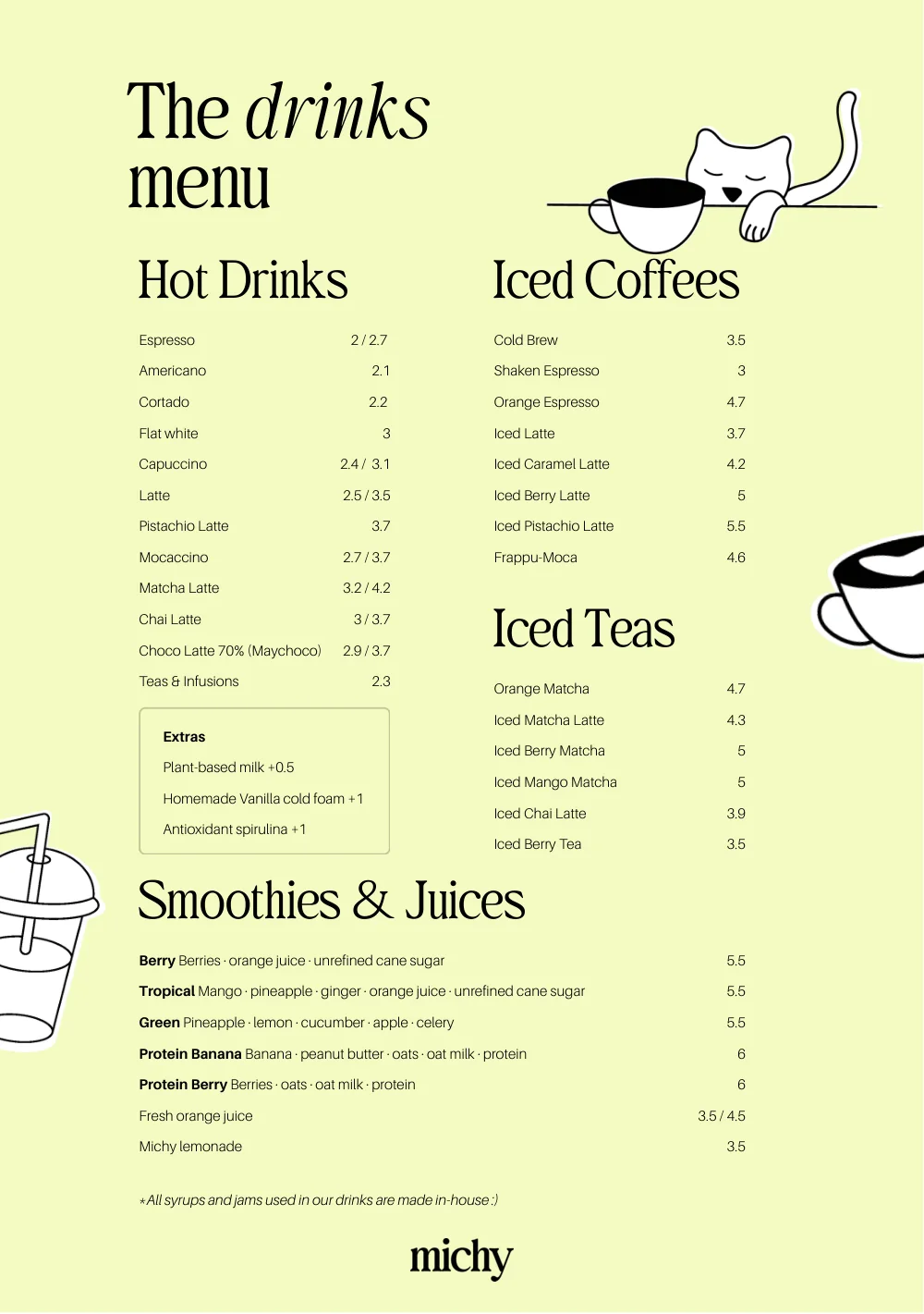 Página de la carta de michy: cafés, tés, smoothies y zumos