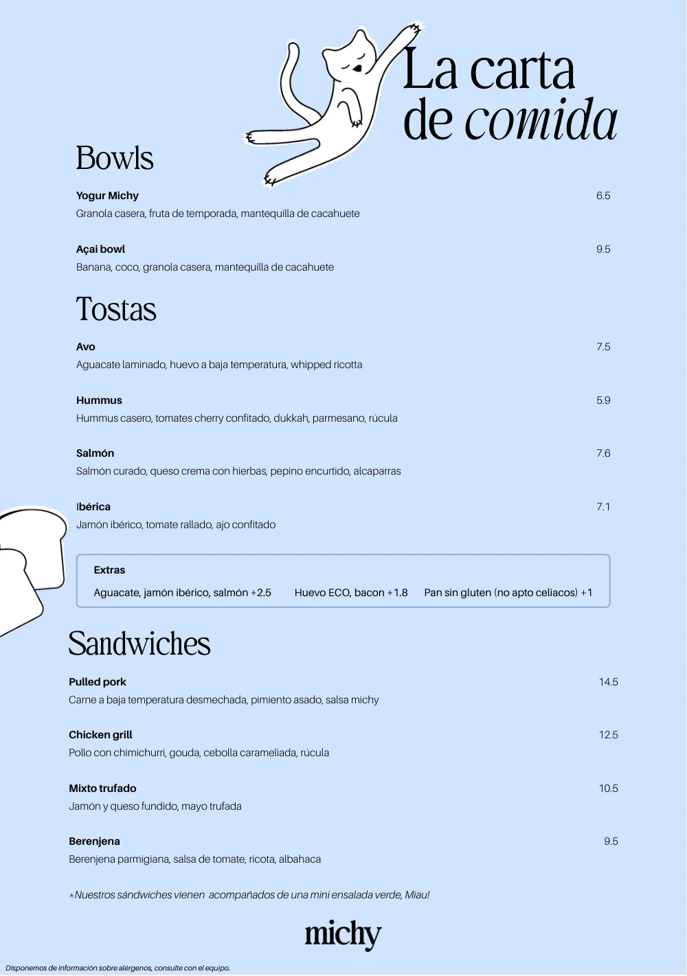 Página de la carta de michy: bowls, tostas y sandwiches