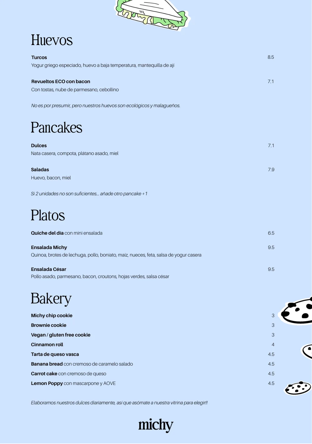 Página de la carta de michy: huevos, pancakes, platos y bakery
