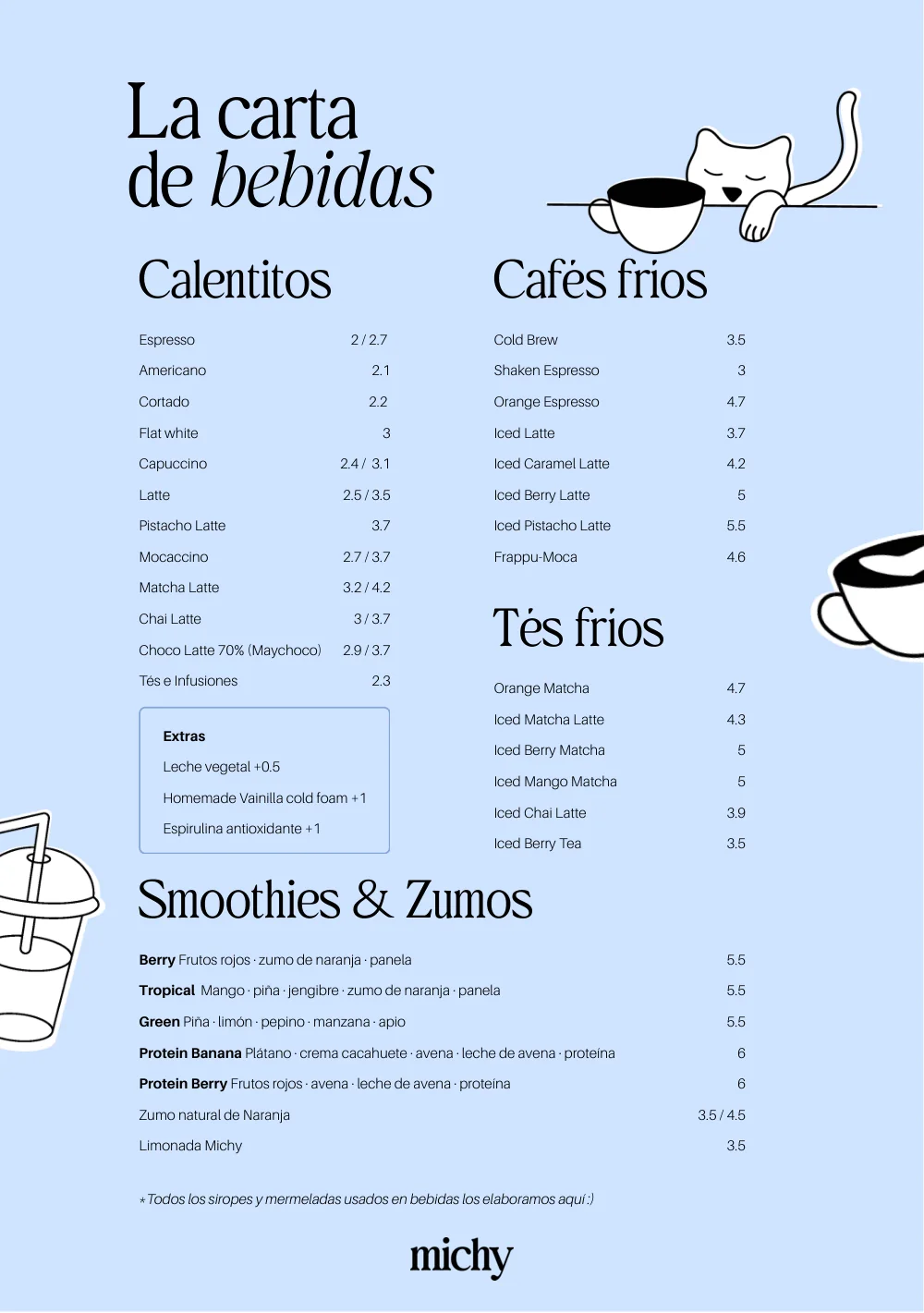 Página de la carta de michy: cafés, tés, smoothies y zumos